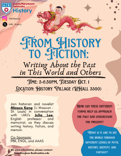 Flyer sharing information on History to Fiction event, taking place on Oct 1, 5-6:30pm in the HIST Village.